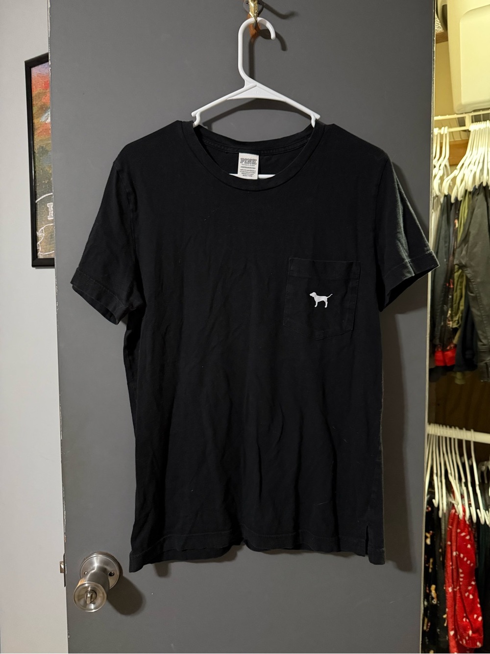 PINK Victoria's Secret Black Short-Sleeve Pocket Tee with White Dog Logo